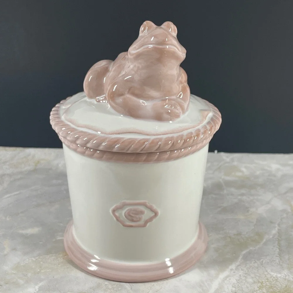 DEMDACO Perennial Friends Frog Ceramic Canister Jar Pink White Girls Nursery MCM